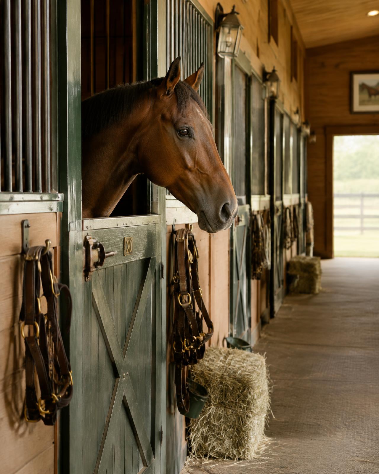 Bay horse looking out of a stall in a wooden barn